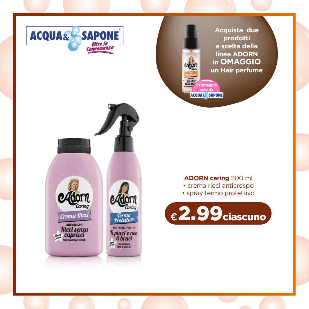 ADORN Caring crema ricci anticrespo e spray termo protettivo 200 ml. Crema anticrespo per capelli ricci e spray termo protettivo ADORN, specifici per proteggere i ricci dal calore e ottenere una texture liscia e senza crespo. Ideale per il trattamento di capelli ricci, mossi o crespi, dona un effetto disciplinato e morbido.