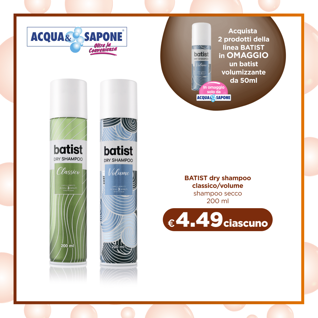 BATIST dry shampoo classic/volume Shampoo secco BATIST, disponibile nelle varianti classic o volume, per capelli freschi e voluminosi senza bisogno di acqua, confezione 200 ml.