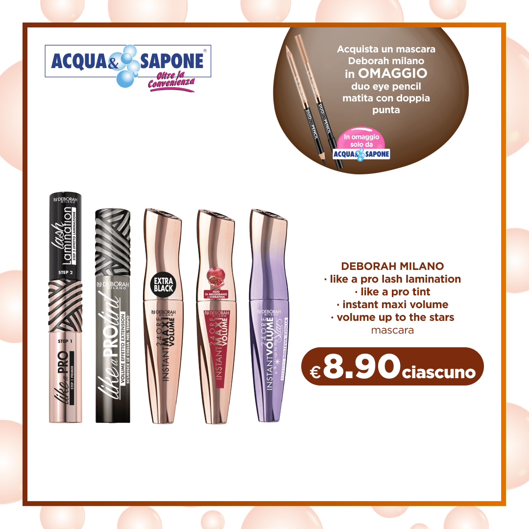 DEBORAH MILANO mascara Mascara DEBORAH MILANO, disponibile nelle varianti like a pro lash lamination, instant maxi volume, e volume up to the stars, per ciglia voluminose e definite, €8.90 ciascuno.