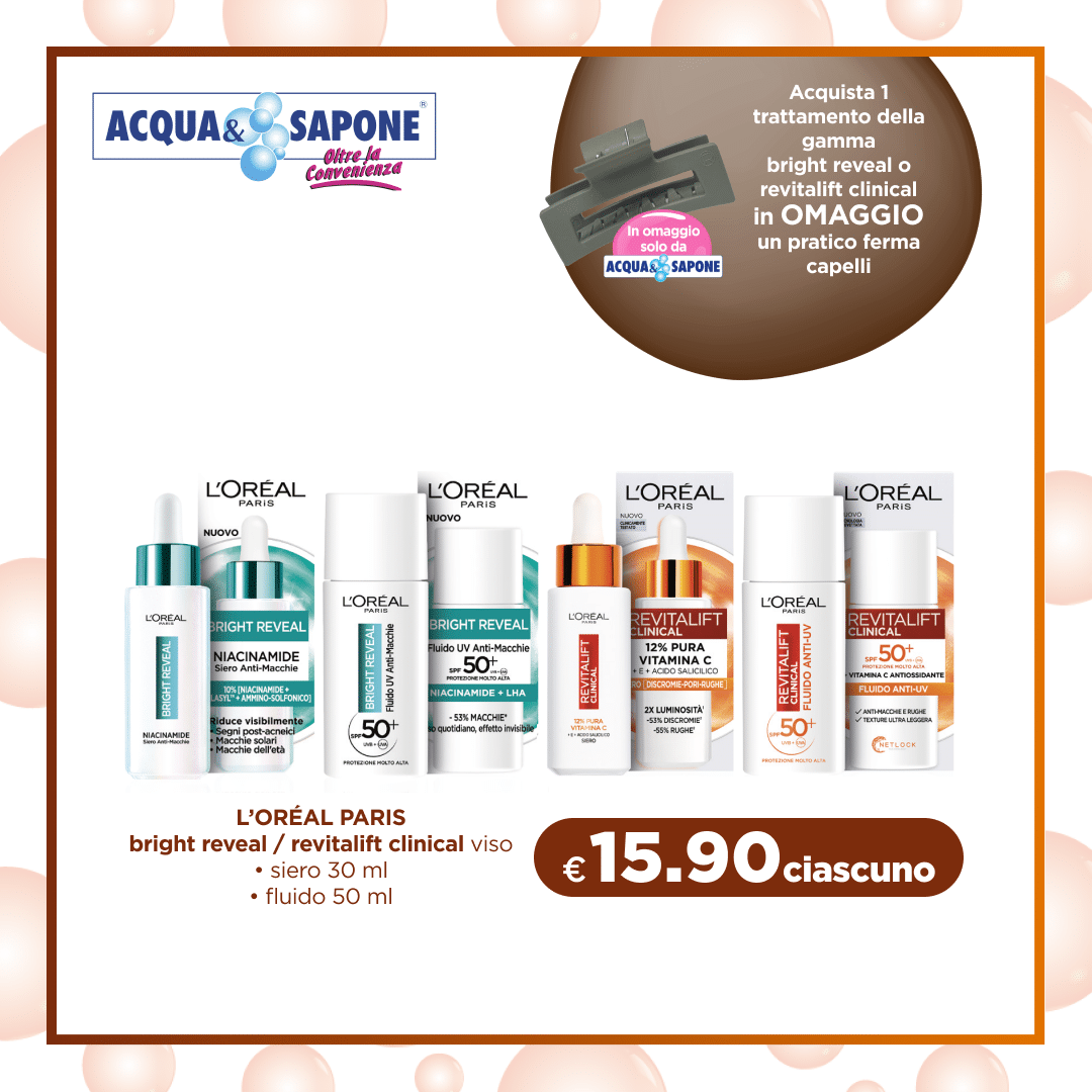 L\'ORÉAL PARIS siero Bright Reveal e Revitalift Clinical Siero Bright Reveal e fluido Revitalift Clinical da L\'ORÉAL PARIS, con vitamina C e SPF 50+, per una pelle luminosa e anti-invecchiamento, 30 ml e 50 ml.