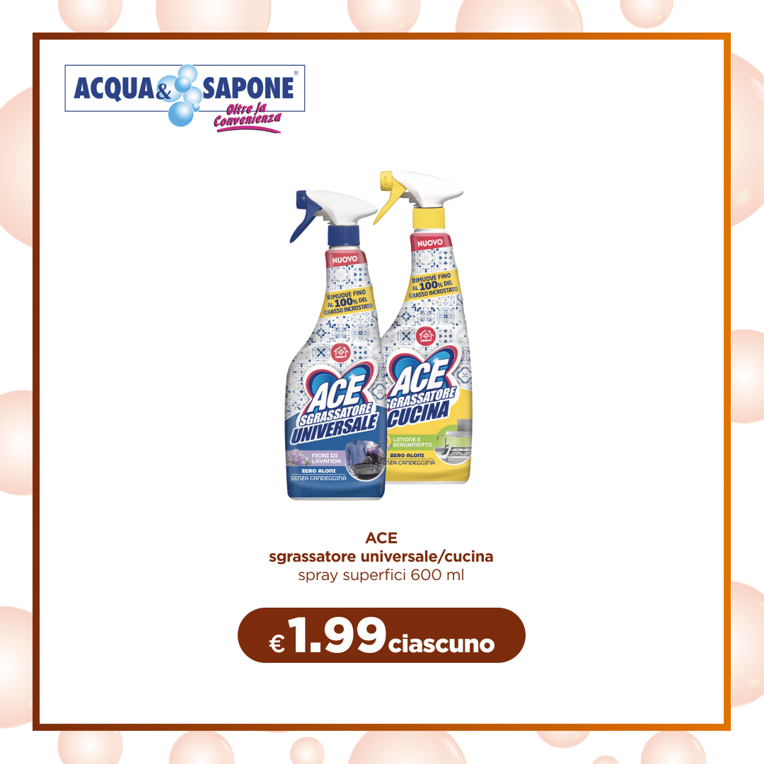 ACE sgrassatore universale/cucina spray superfici Ace sgrassatore universale e per cucina, spray per superfici da 600 ml, rimuove efficacemente sporco e grasso da tutte le superfici della casa.