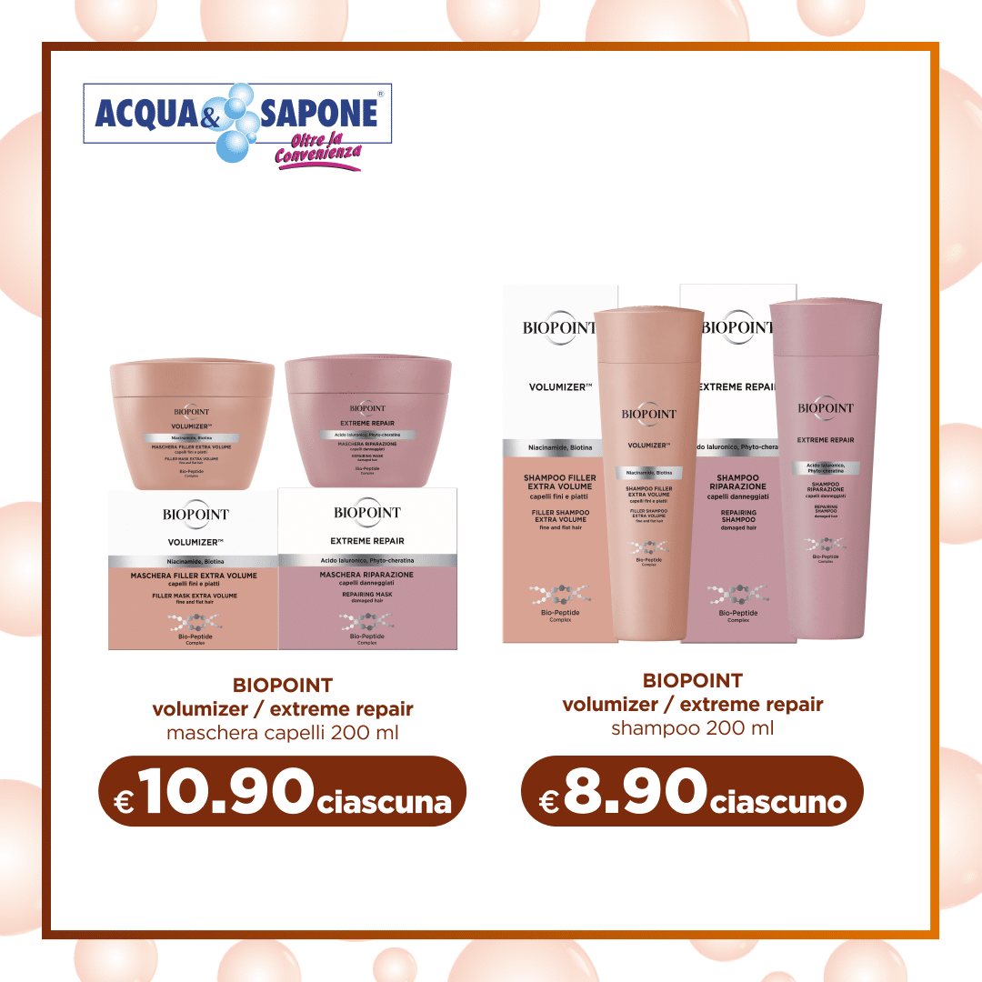 Biopoint volumizer e extreme repair maschera capelli 200 ml Trattamento ristrutturante e volumizzante per capelli danneggiati, in formato da 200 ml. Biopoint volumizer e extreme repair shampoo 200 ml Shampoo rinforzante e volumizzante per capelli fragili, in flacone da 200 ml.