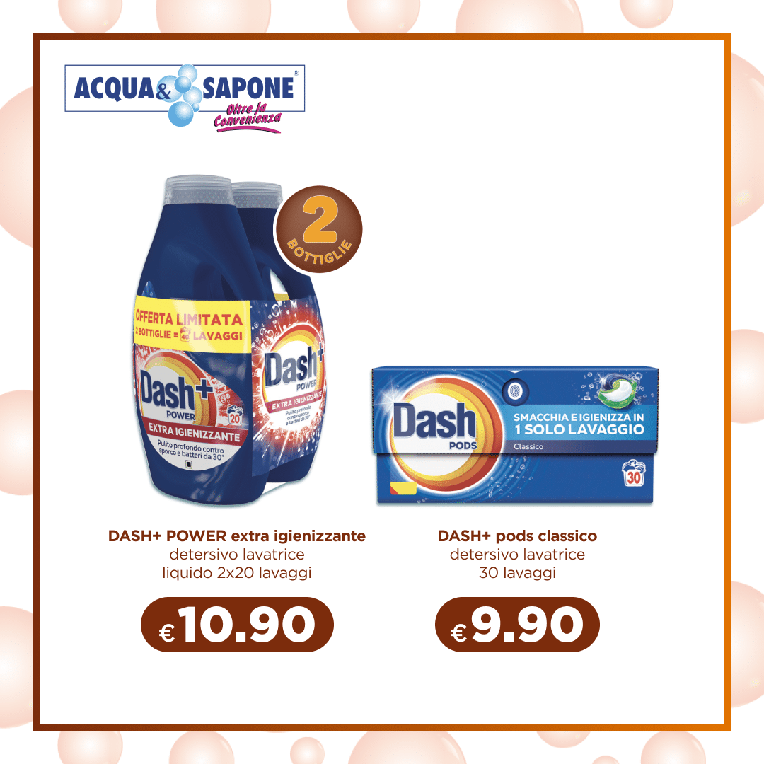 Dash Power extra igienizzante detersivo lavatrice liquido 2x20 lavaggi Detersivo liquido per bucato con azione igienizzante, doppia confezione da 20 lavaggi. Dash Pods classico detersivo lavatrice 30 lavaggi Capsule monodose per lavatrice, formula pulente e igienizzante, 30 lavaggi.