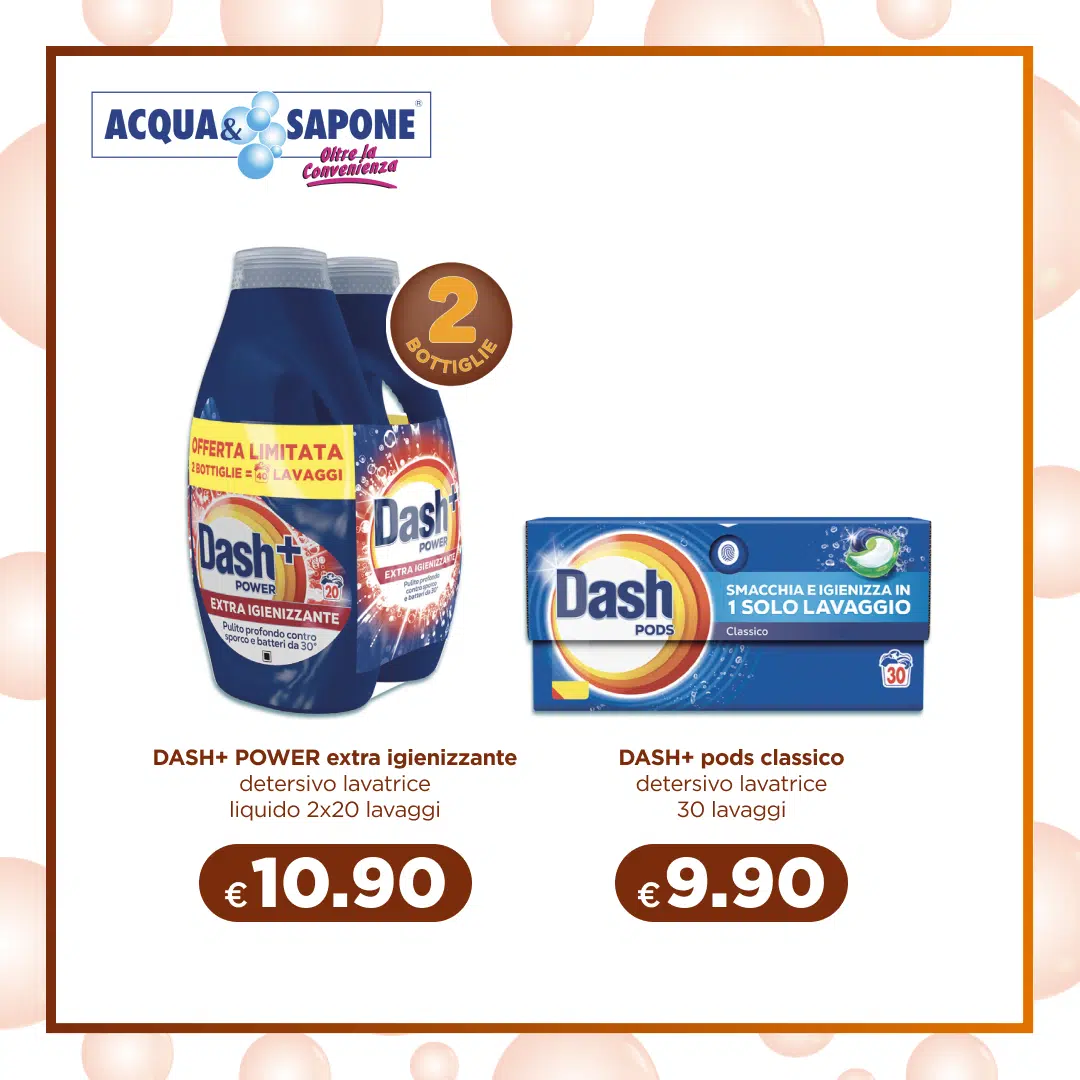 Dash Power extra igienizzante detersivo lavatrice liquido 2x20 lavaggi Detersivo liquido per bucato con azione igienizzante, doppia confezione da 20 lavaggi. Dash Pods classico detersivo lavatrice 30 lavaggi Capsule monodose per lavatrice, formula pulente e igienizzante, 30 lavaggi.