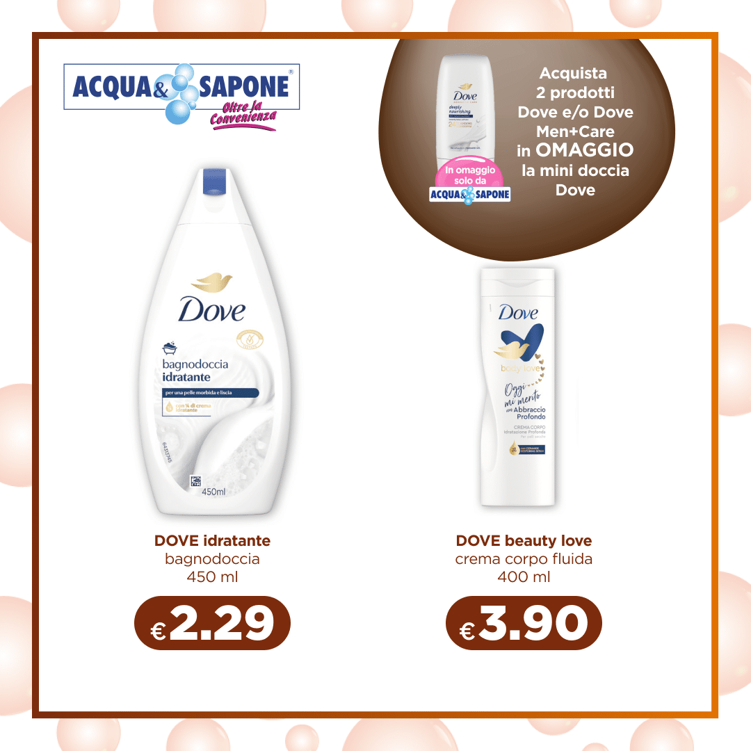 Dove idratante bagnodoccia 450 ml Bagnodoccia nutriente per pelli secche, con formula idratante da 450 ml. Dove beauty love crema corpo fluida 400 ml Crema corpo fluida ad assorbimento rapido, idratazione quotidiana da 400 ml.