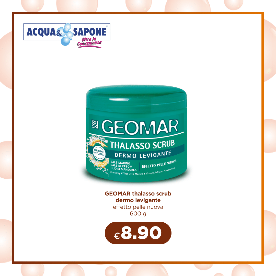 GEOMAR thalasso scrub dermo levigante effetto pelle nuova 600 g Scrub corpo GEOMAR effetto pelle nuova, con sali marini, olio di mandorla e sale di Epsom, confezione da 600 g.