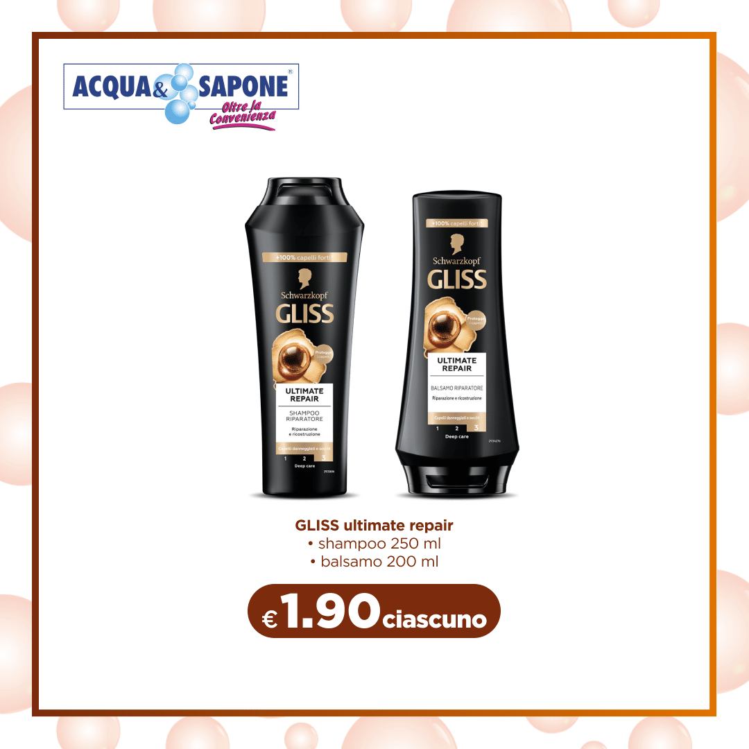 GLISS ultimate repair shampoo 250 ml e balsamo 200 ml Trattamento riparatore GLISS Ultimate Repair per capelli danneggiati, shampoo 250 ml e balsamo 200 ml.