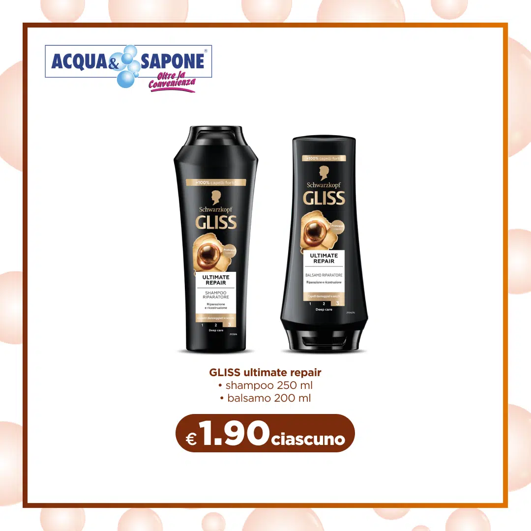 GLISS ultimate repair shampoo 250 ml e balsamo 200 ml Trattamento riparatore GLISS Ultimate Repair per capelli danneggiati, shampoo 250 ml e balsamo 200 ml.