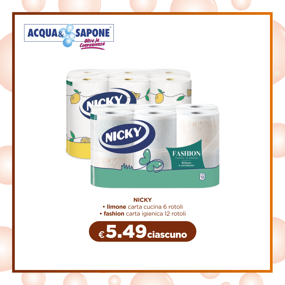 NICKY limone carta cucina 6 rotoli e fashion carta igienica 12 rotoli Carta NICKY per uso domestico: rotoli cucina profumati al limone (6 rotoli) e carta igienica decorata fashion (12 rotoli).