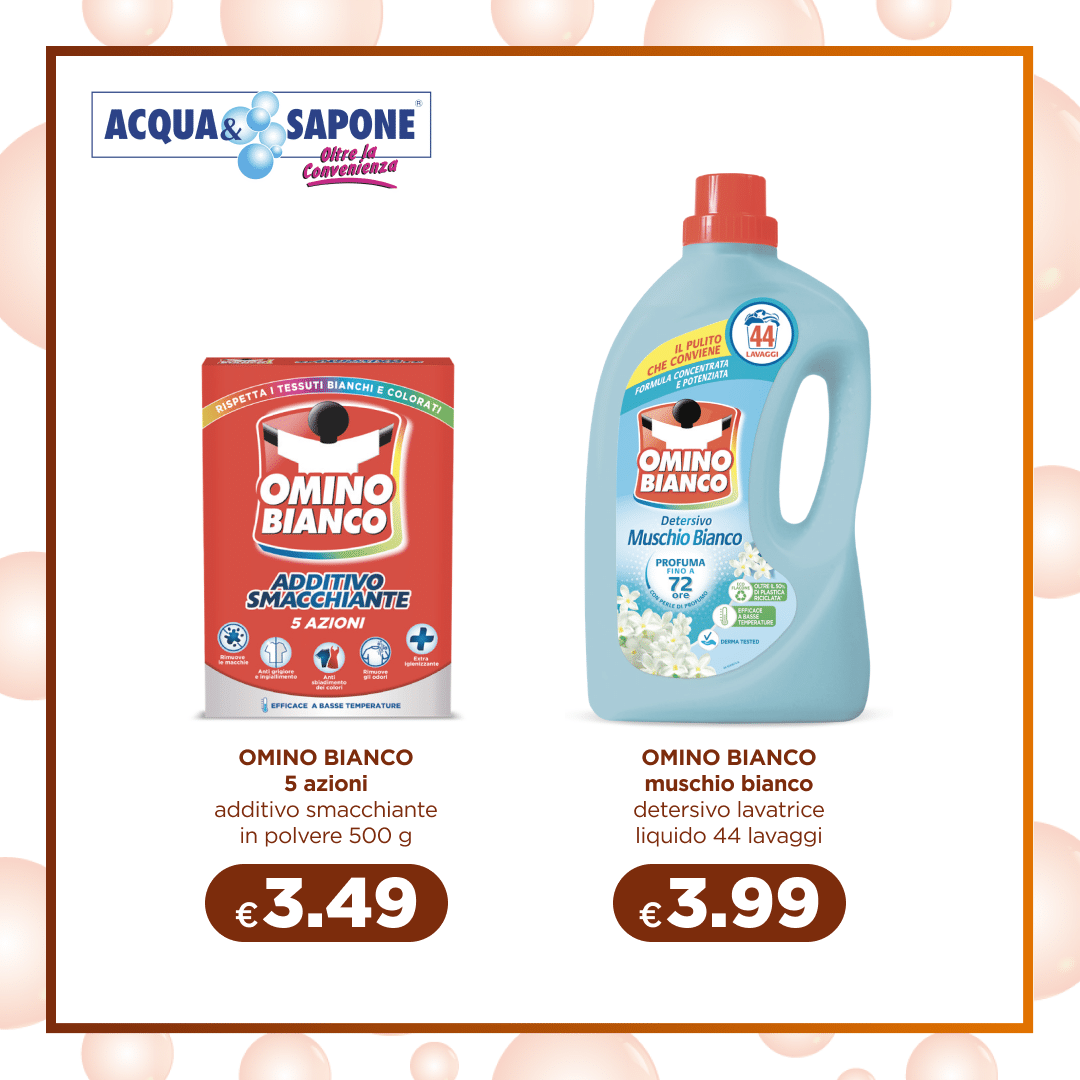 OMINO BIANCO 5 azioni additivo Additivo smacchiante in polvere Omino Bianco 5 azioni 500 g. OMINO BIANCO muschio bianco detersivo Detersivo liquido Omino Bianco muschio bianco 44 lavaggi.