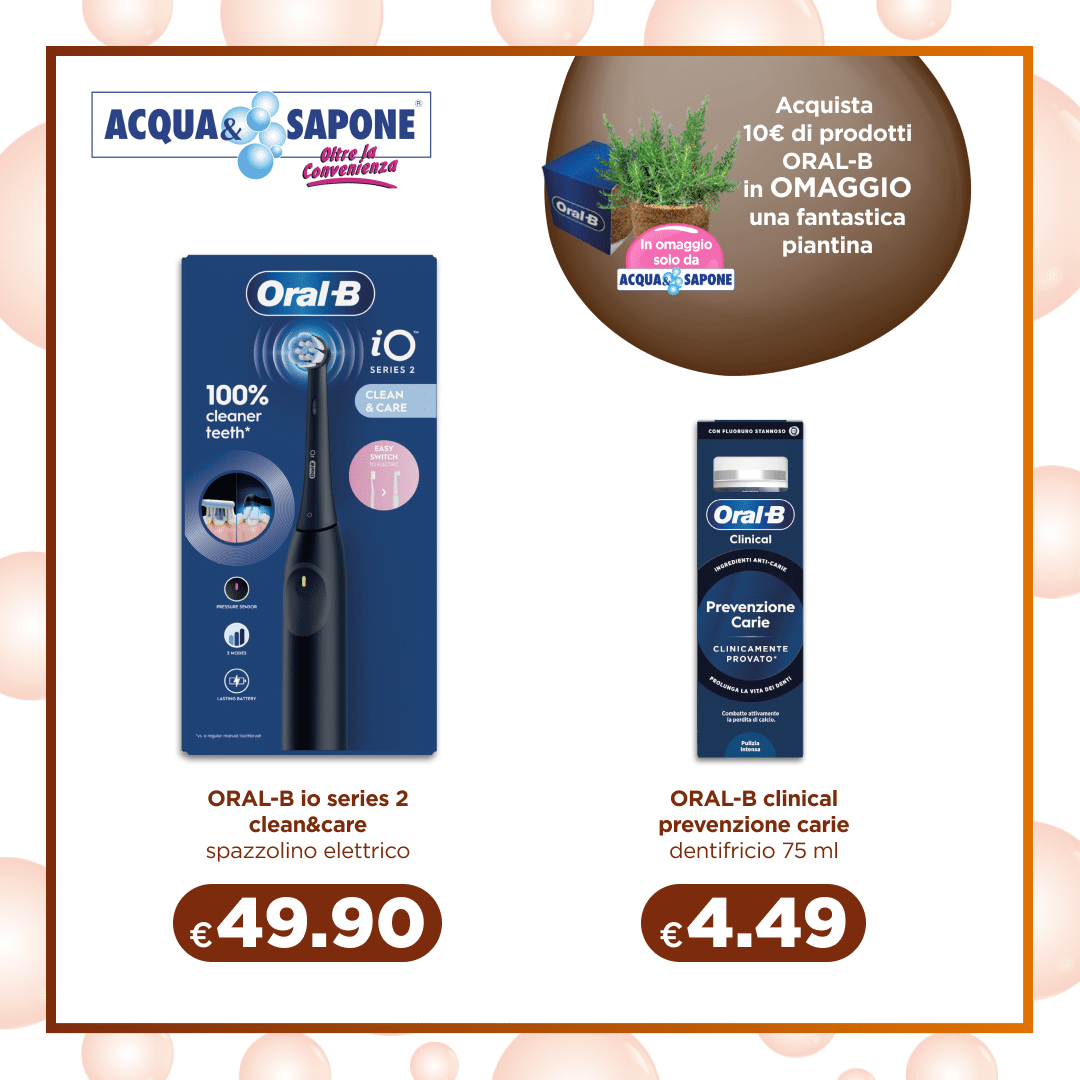 ORAL-B io series 2 clean&care spazzolino elettrico Spazzolino elettrico ORAL-B iO Series 2 Clean & Care con tecnologia intelligente per igiene orale avanzata. ORAL-B clinical prevenzione carie dentifricio 75 ml Dentifricio ORAL-B Clinical per prevenzione carie, formulazione clinicamente testata, formato da 75 ml.