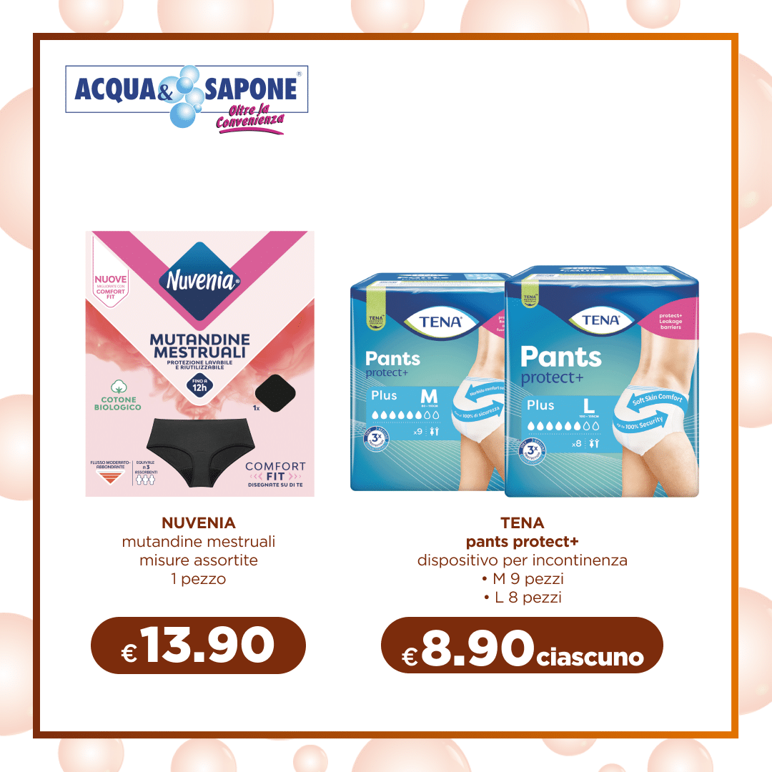 NUVENIA mutandine mestruali 1 pezzo Mutandine mestruali in cotone biologico. NUVENIA comfort fit, misure assortite, protezione fino a 12h. TENA pants protect+ M 9 pezzi / L 8 pezzi Dispositivo per incontinenza TENA pants protect+ con assorbenza elevata, taglie M e L