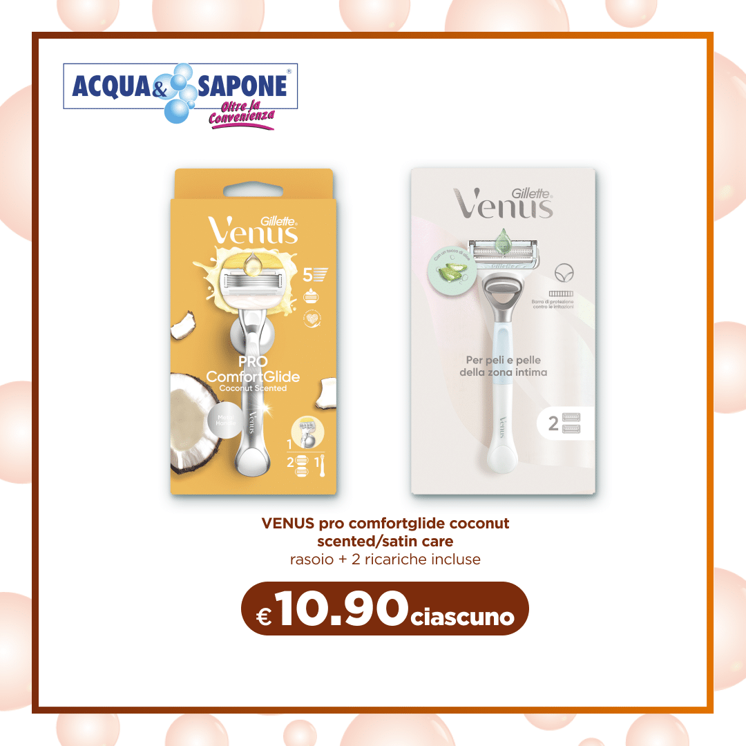 VENUS pro comfortglide coconut scented Rasoio Gillette Venus con testina comfortglide al cocco e due ricariche incluse. VENUS satin care Rasoio Gillette Venus satin care per la pelle della zona intima, due ricariche incluse.