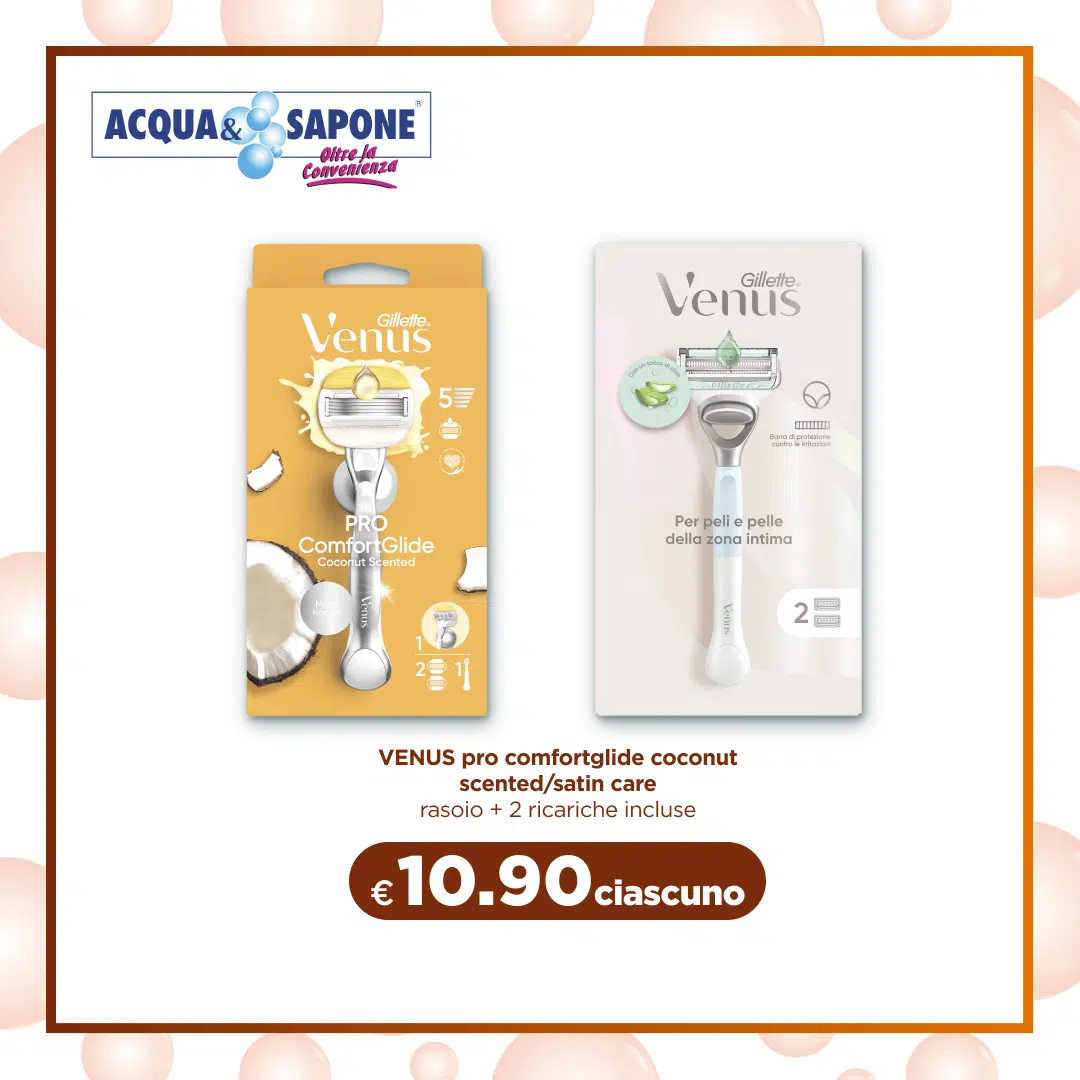 VENUS pro comfortglide coconut scented Rasoio Gillette Venus con testina comfortglide al cocco e due ricariche incluse. VENUS satin care Rasoio Gillette Venus satin care per la pelle della zona intima, due ricariche incluse.