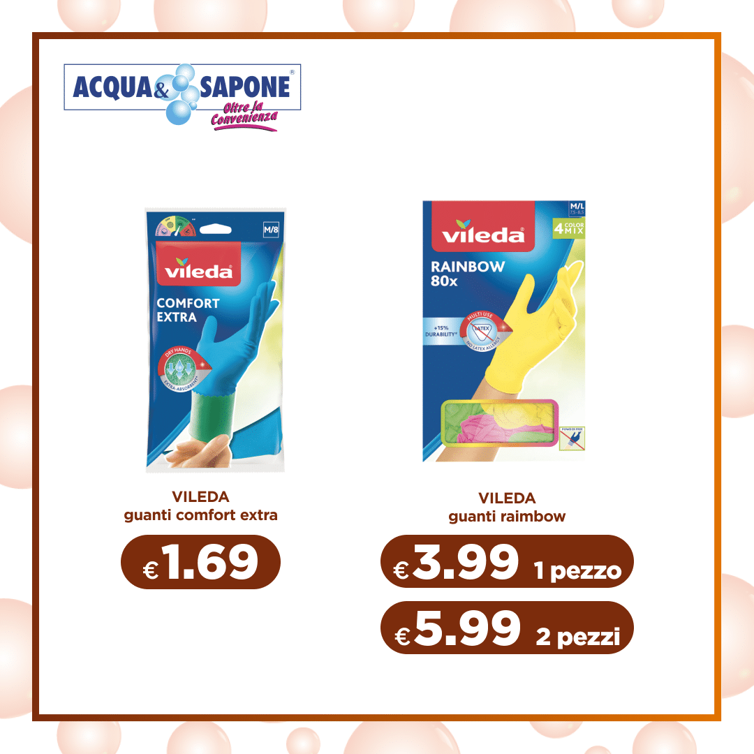 VILEDA comfort extra Guanti casalinghi resistenti comfort extra Vileda per uso domestico VILEDA rainbow Guanti colorati multiuso Vileda Rainbow confezione 4 paia