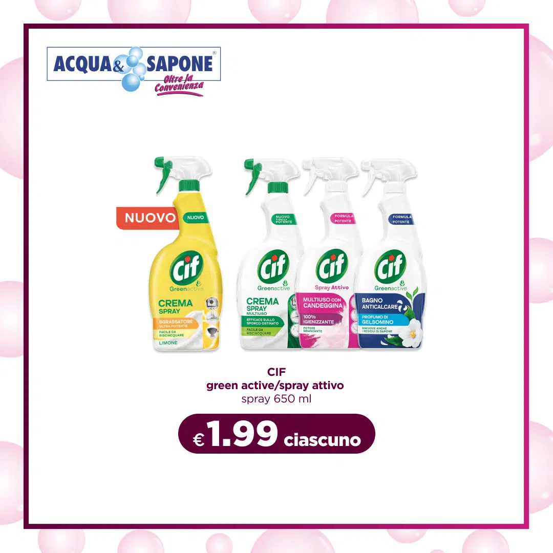 Spray CIF Green Active e Spray Attivo, 650 ml, inclusi crema spray sgrassatore, Multiuso con candeggina, Crema Spray multiuso e Bagno Anticalcare, per una pulizia eco-friendly.