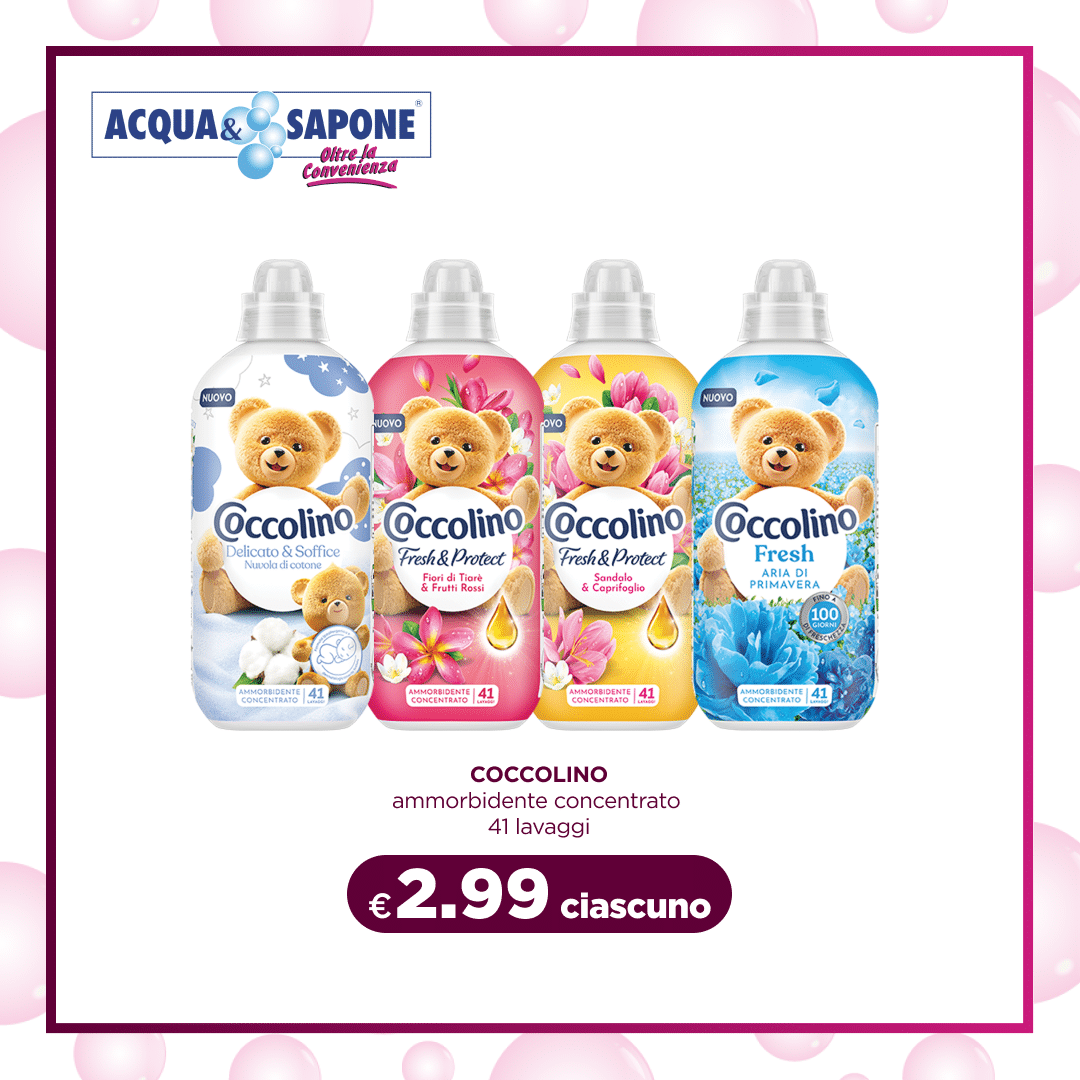 Ammorbidente Coccolino concentrato, 41 lavaggi ciascuno, con profumazioni Delicato e Soffice, Fresh & Protect, e Aria di Primavera.