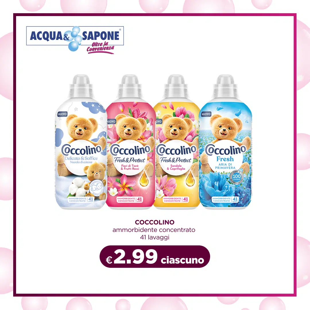 Ammorbidente Coccolino concentrato, 41 lavaggi ciascuno, con profumazioni Delicato e Soffice, Fresh & Protect, e Aria di Primavera.
