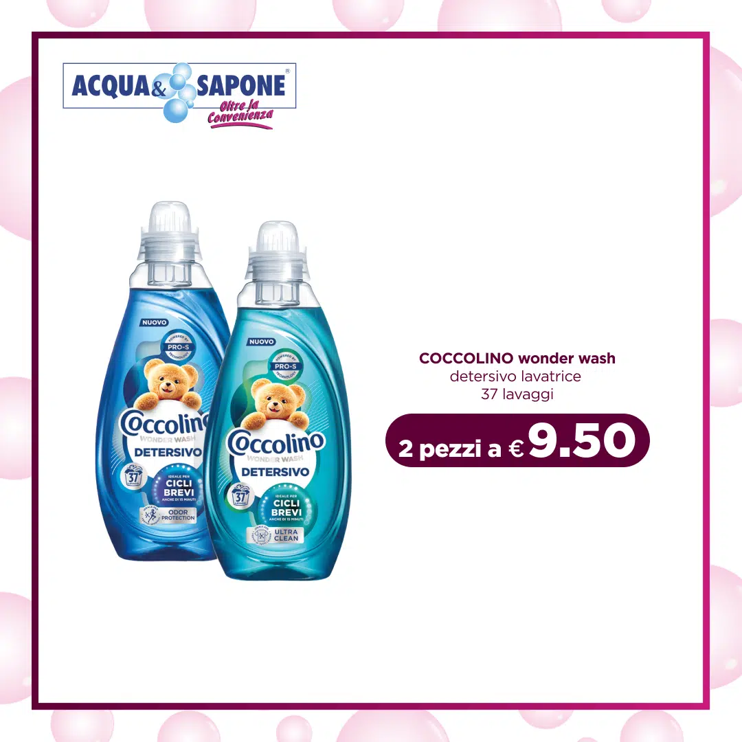 Detergente per lavatrice Coccolino Wonder Wash, 37 lavaggi, Ultra Clean e Odor Protection, per un bucato fresco e pulito.