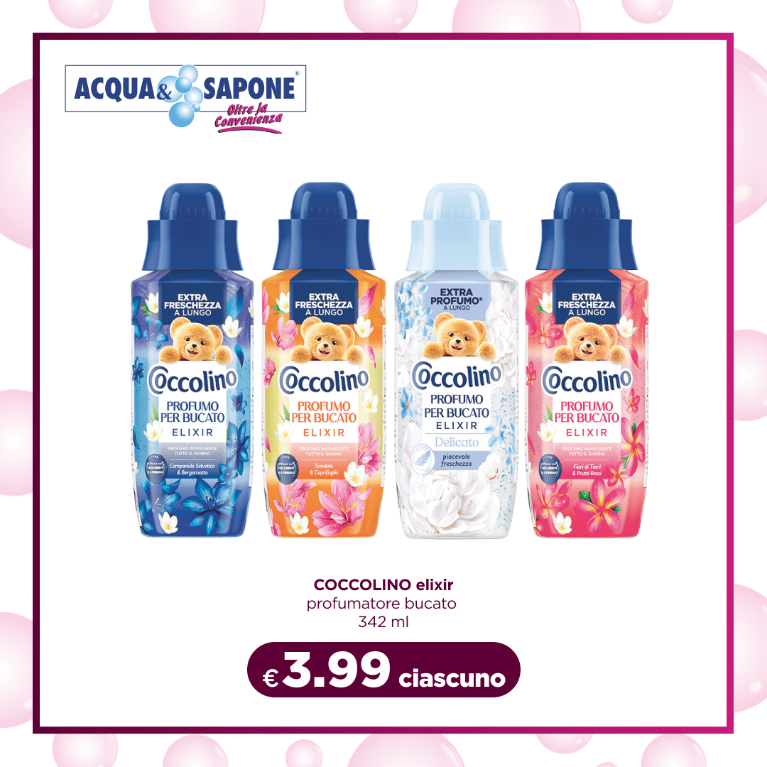 Profumatore per bucato Coccolino Elixir, 342 ml, disponibile in diverse fragranze.