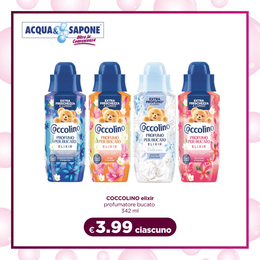 Profumatore per bucato Coccolino Elixir, 342 ml, disponibile in diverse fragranze.