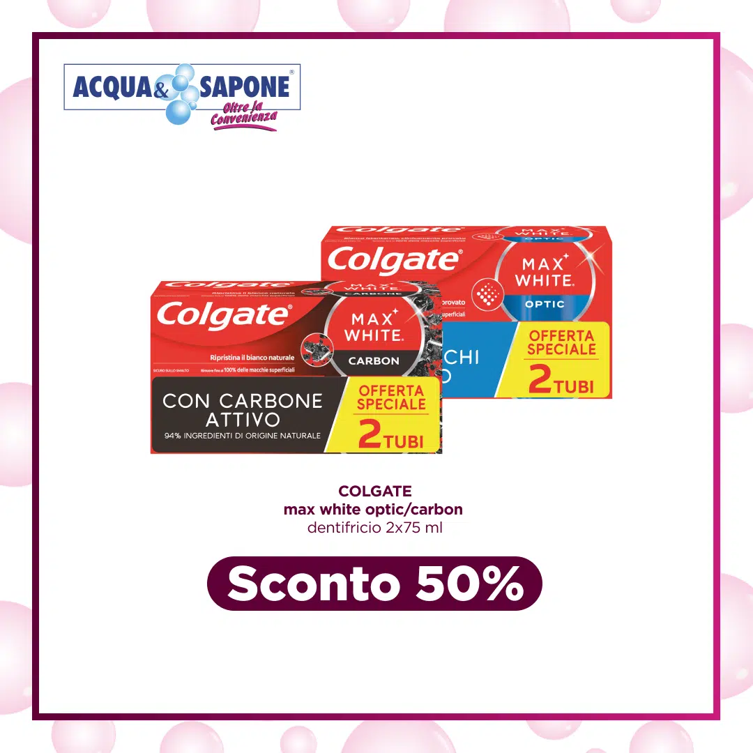 Dentifricio Colgate Max White Optic e Carbon, 2x75 ml, con ingredienti naturali per il sbiancamento dei denti e l\'igiene orale.