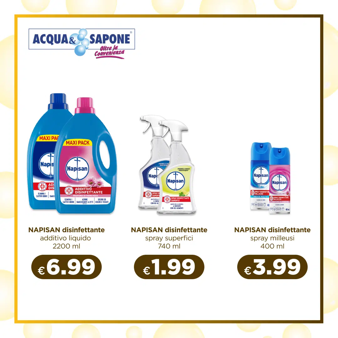 Napisan disinfettante additivo liquido 2200 ml, spray disinfettante superfici 740 ml, spray disinfettante multiuso 400 ml