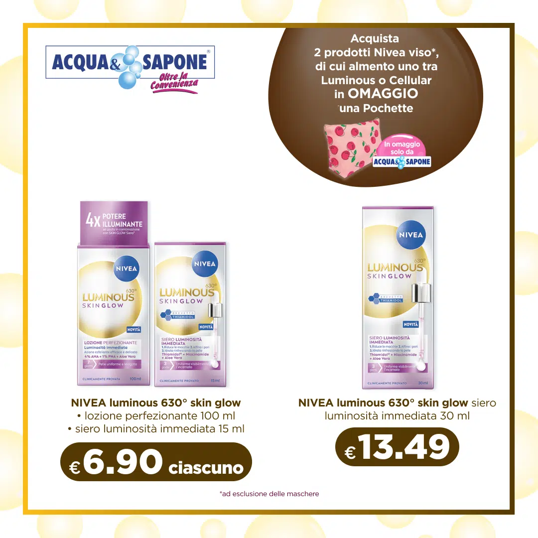 Nivea Luminous 630° Skin Glow lozione perfezionante 100 ml, siero luminosità 15 ml e 30 ml