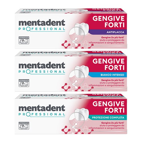 3 Confezioni di Mentadent gengive forti: antiplacca, bianco intenso e protezione completa