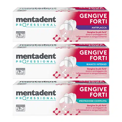 3 Confezioni di Mentadent gengive forti: antiplacca, bianco intenso e protezione completa